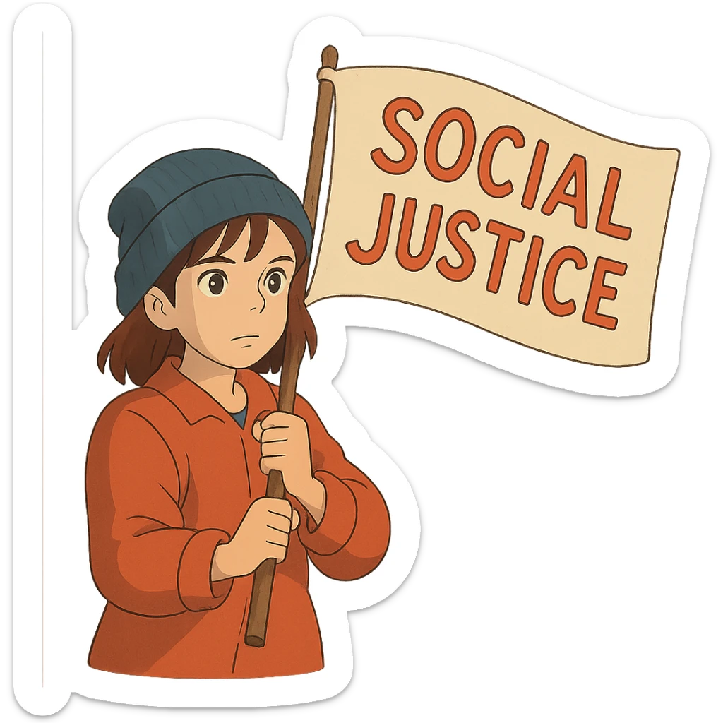 ghibli style girl with blue beanie holding a protest flag for social justice sticker