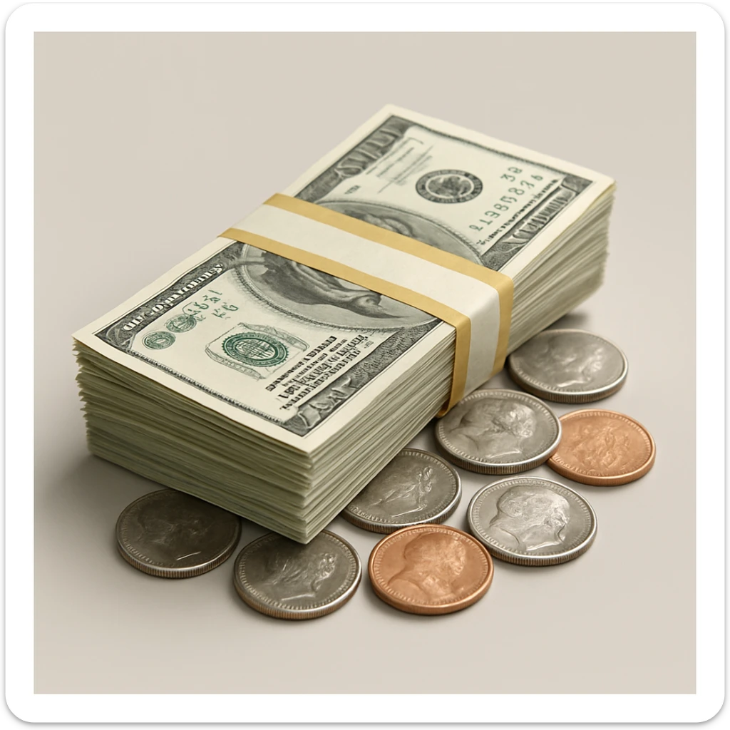 realistic emoji of a pile of cash and coins, detailed, photorealistic sticker