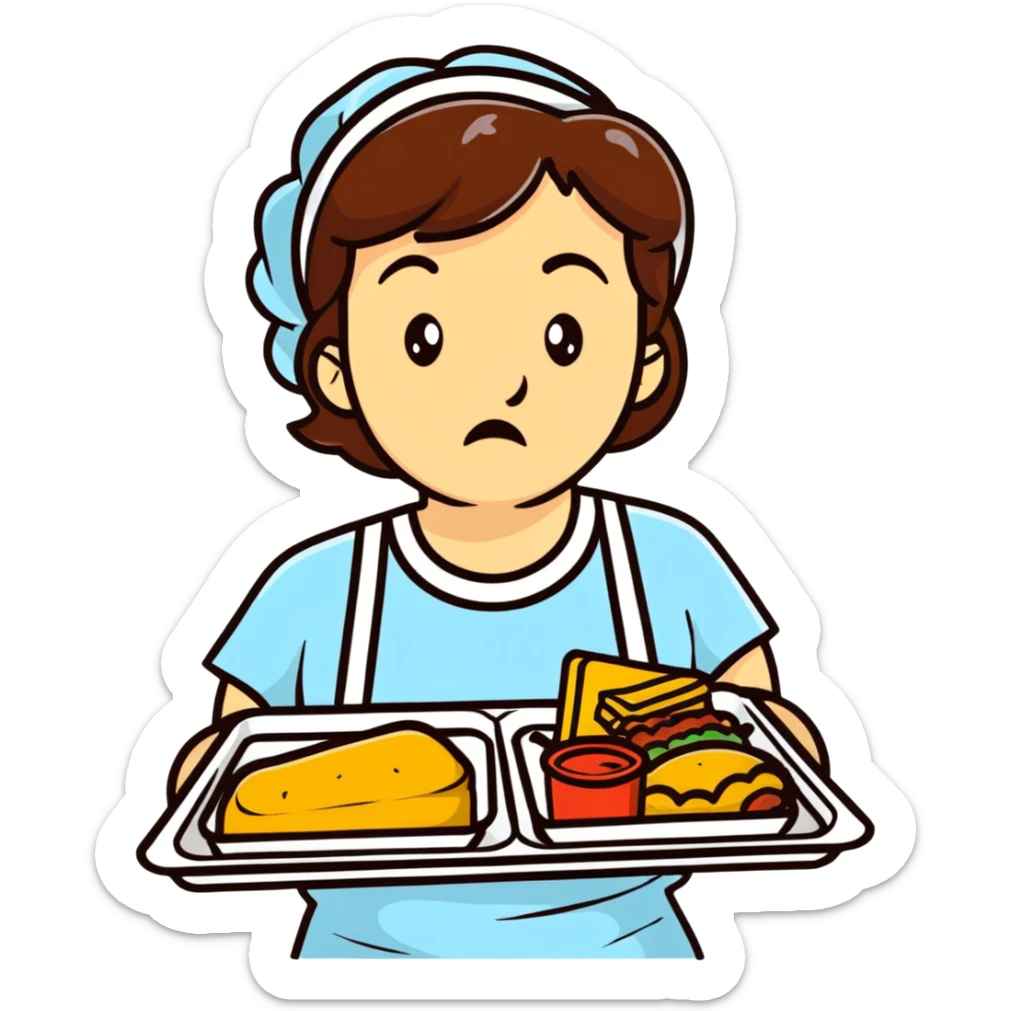 cartoon sticker of a lunch lady with a disgusted expression, holding a tray of gross food sticker