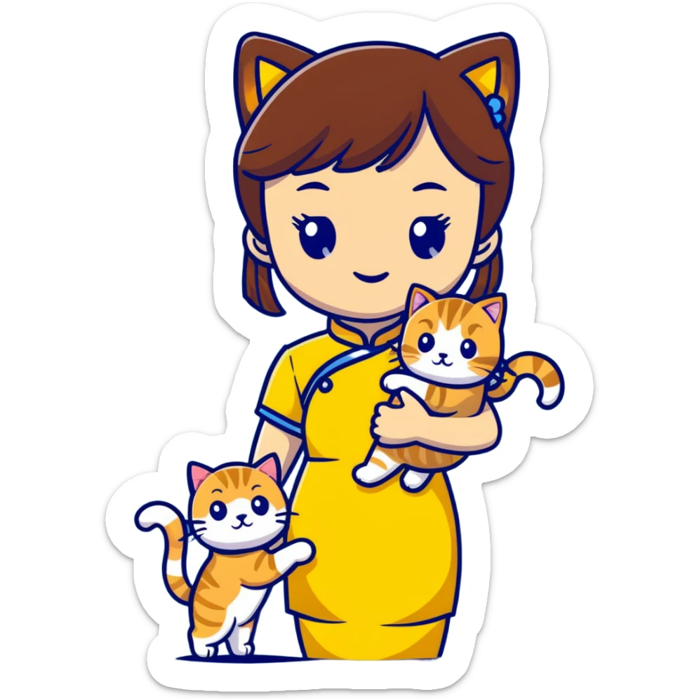 girl with brown hair and bangs wearing yellow qipao with a gray tabby cat sticker