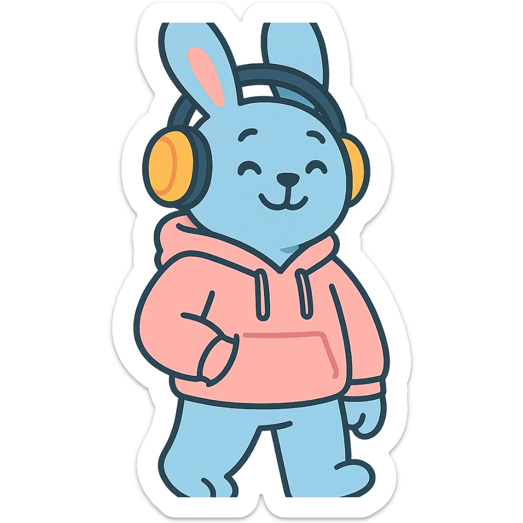 blue bunny in hoodie, one paw in pocket, headphones on, pastel-toon style sticker