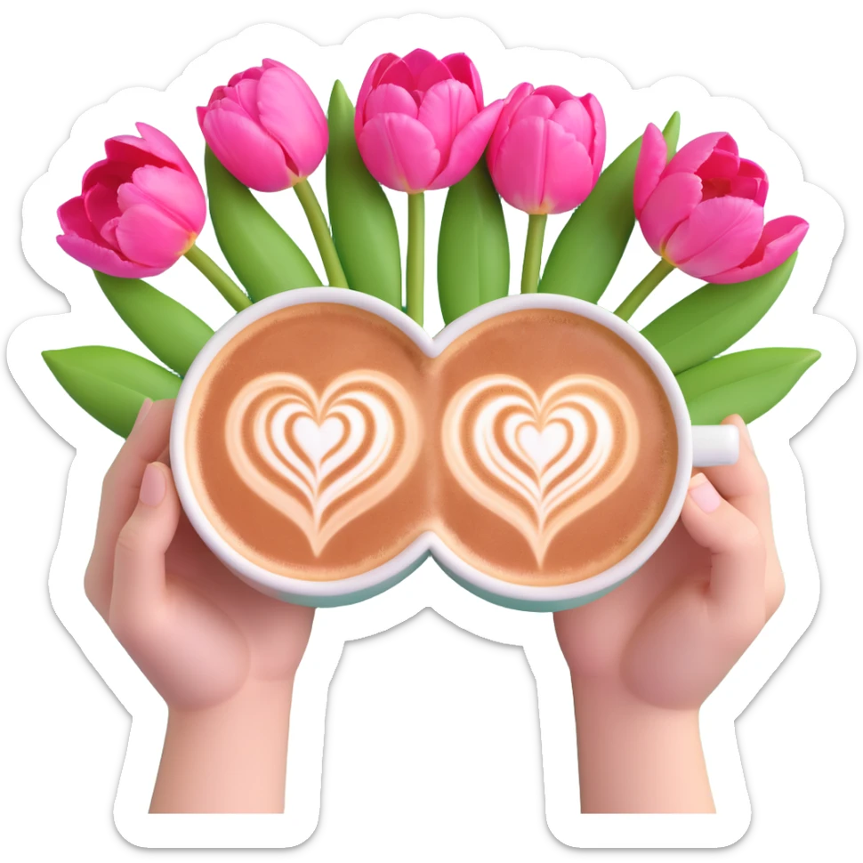 two hands holding a cup of coffee with heart-shaped latte art, pink tulip flowers and green leaves behind the cup, soft pastel background sticker