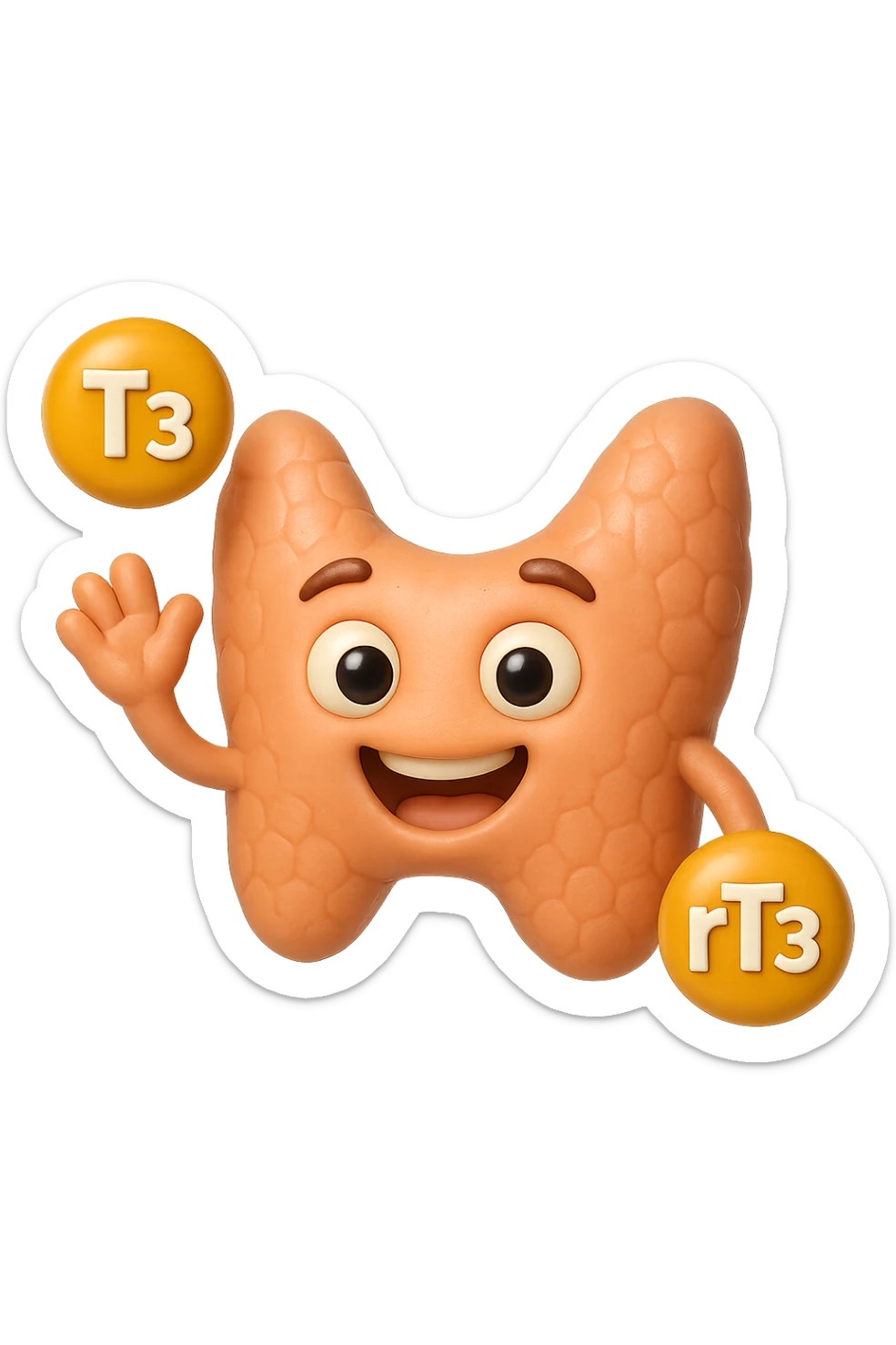 EMOJI STILE IPHONE 3D DI ormoni tiroidei (T3 ed rT3) che fluttuano in aria intorno ad una tiroide felice, iperrealistico 4k sticker