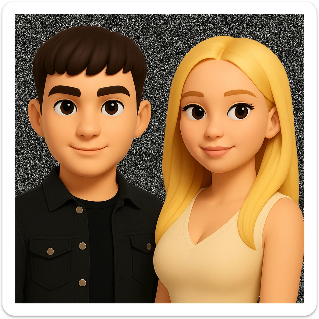 Slightly increase the volume of the upper body of the girl, separate the girl and the boy from each other, make the skin color the same for both characters, while preserving the cartoonish 3D style as in the reference image. sticker