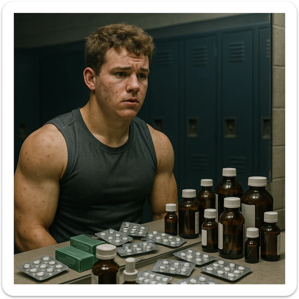 realistic young athlete in front of mirror, surrounded by bottles and blister packs of drugs, uncertain expression, skin marked by acne and swelling, confused atmosphere, locker room background, 4K quality sticker