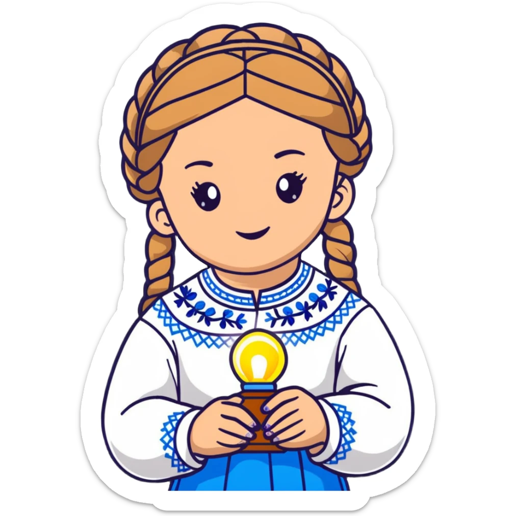 Young Ukrainian girl with braided hair in white traditional embroidered Ukrainian vyshyvanka shirt holding a small glowing light representing the soul sticker