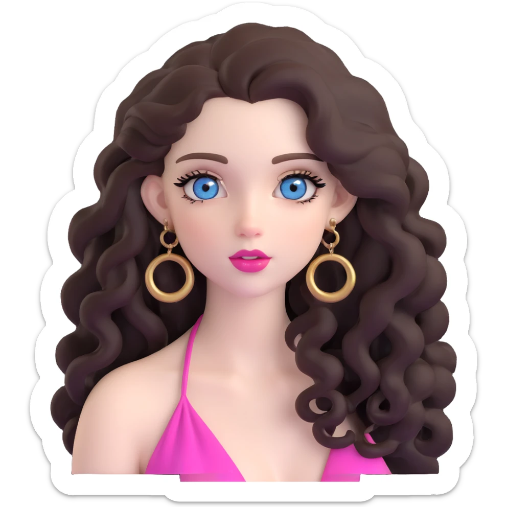 beautiful girl with big blue-grey eyes, long lashes, pale skin, pink lips, long voluminous dark brown curls, gold hoop earrings, silky halter top sticker