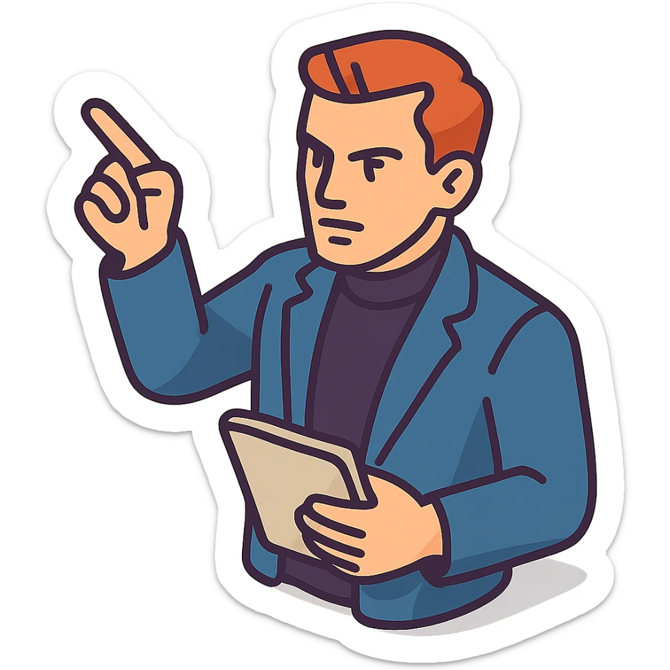 Bold and charismatic male leader, Caucasian, short auburn hair, sharp eyes, wearing indigo coat over black turtleneck, one arm raised giving direction, holding a tablet, waist-up sticker