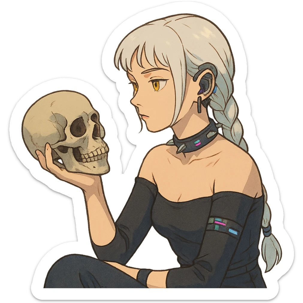 she is holding a skull, pondering as in shakespeare, a closeup portrait of young woman with gold yellow eyes, white hair, long braid, black off-shoulder top d-cup, punk gothic style, futuristic cyberwave cyberpunk, sitting position sticker