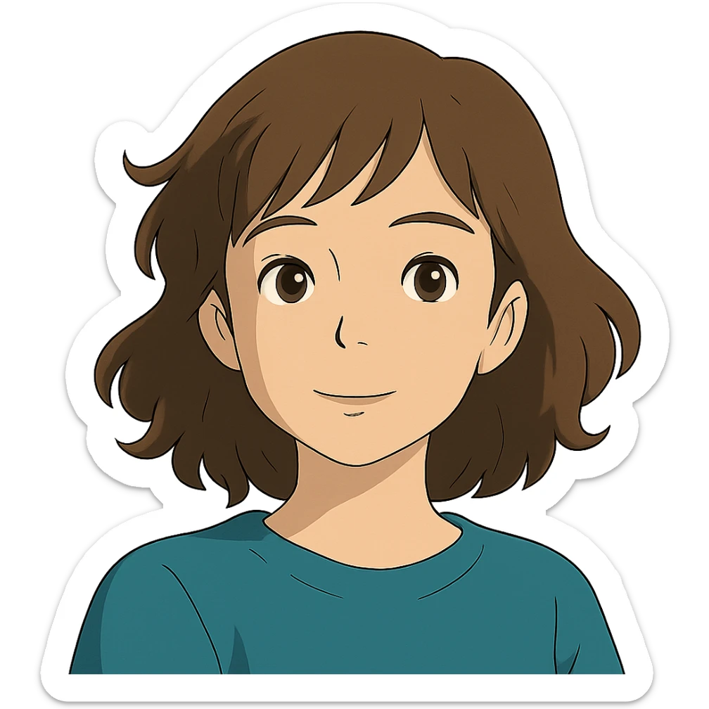 ghibli style portrait of an Asian girl with medium brown wavy hair and brown eyes sticker