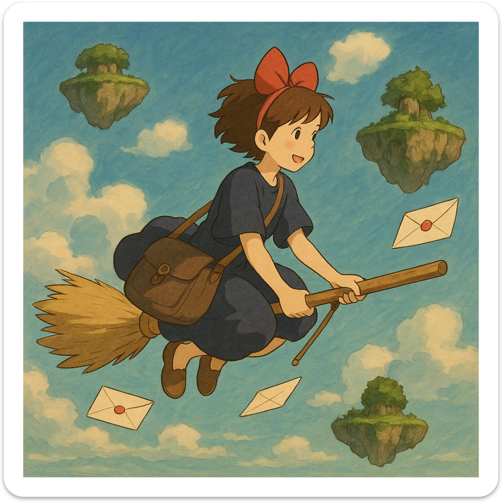 A mail carrier girl on a broomstick delivering letters to flying islands.

 sticker