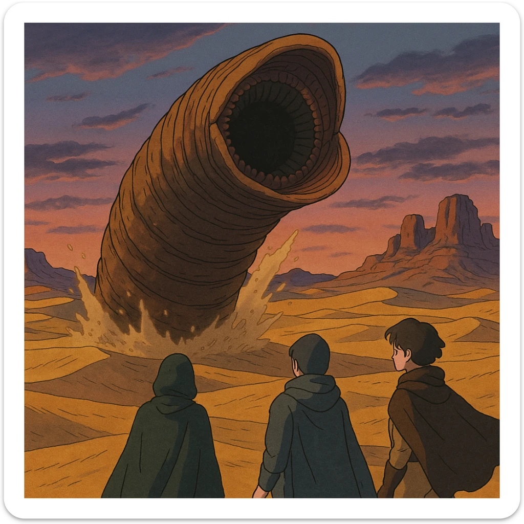 Arrakis planet from Dune, with a sandworm bursting out of the ground in the midground, three people standing in the foreground, rock formations in the background, and a dusk sky, in a Ghibli animation style sticker