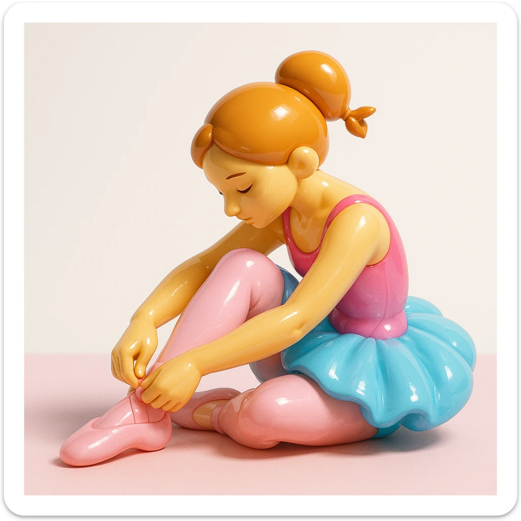 ballerina capuccina, sitting on stage, adjusting slippers, relaxed yet elegant, soft pastel colors, thoughtful mood sticker