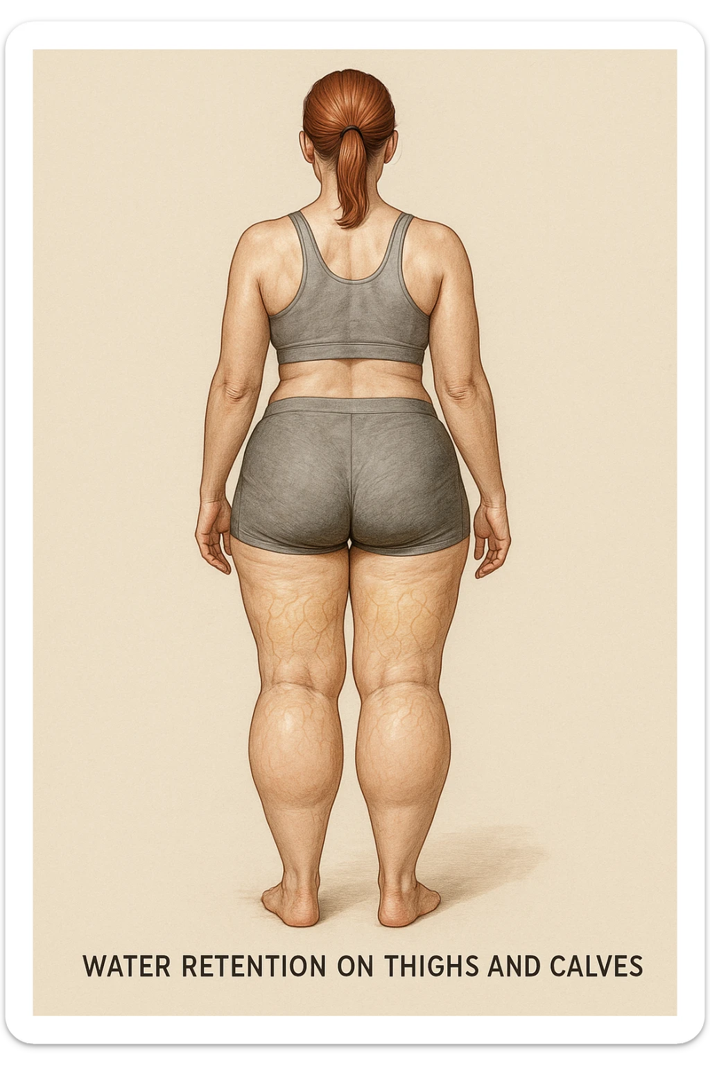 realistic anatomical illustration of a woman in sportswear, rear view, showing water retention on thighs and calves: swelling, smooth skin, subcutaneous fluid accumulation, neutral medical style background sticker