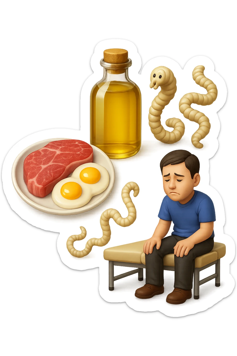 emoji stile iphone di UN PIATTO CON CARNE ROSSA E UOVA, UNA BOTTIGLIA DI OLIO DI SEMI, DUE PARASSITI TIPO LA TENIA, UOMO SEDUTO SU UN LETTINO DA FISIOTERAPISTA, IPERREALISTICO 4K sticker