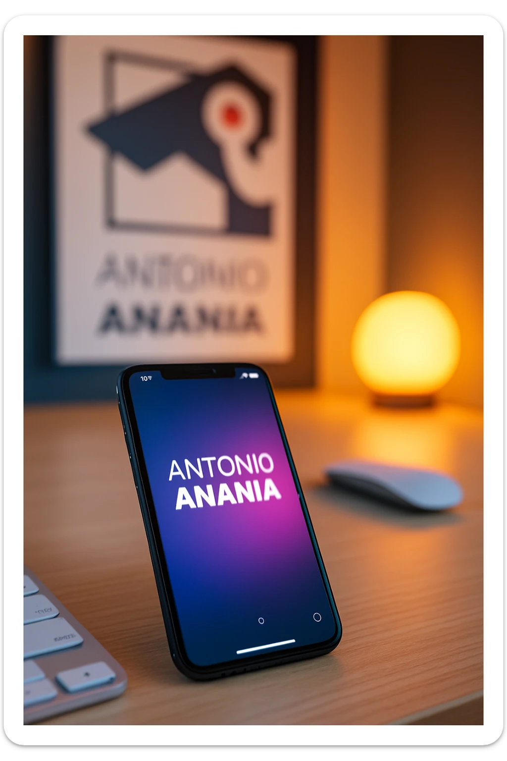 A photo of an iPhone on the desk with the message "Antonio Anania" on its screen, The phone sits atop a desk with a blurred with the logo in the background that suggests work environment. A faint glow from above casts gentle shadows across the surface of each object, creating depth and highlighting their textures sticker