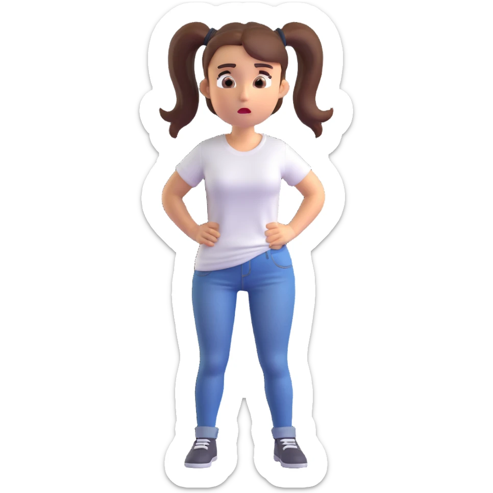 cute 3D mini woman with ponytail hairstyle, wearing white t-shirt and jeans, confused facial expression sticker