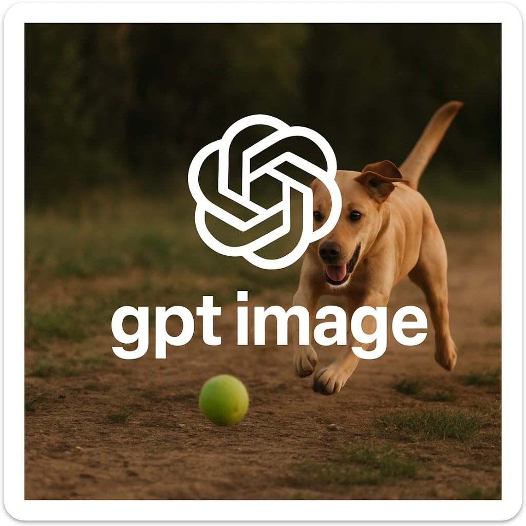  logo of chat gpt with text "gpt image" on the background of a dog chasing ball, realistic image sticker