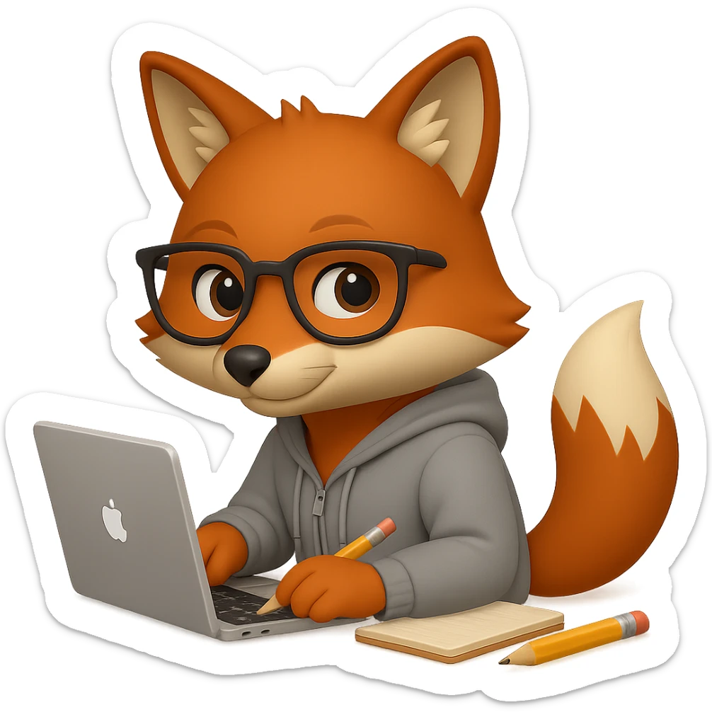 Change the pose of the fox so that it is sitting sideways to the laptop, slightly turning its head towards the screen. The fox should wear a gray hoodie and glasses, holding a pencil in one hand with a notebook nearby. The fur should be clear and detailed. The style should resemble emoji style. No background (transparent). sticker