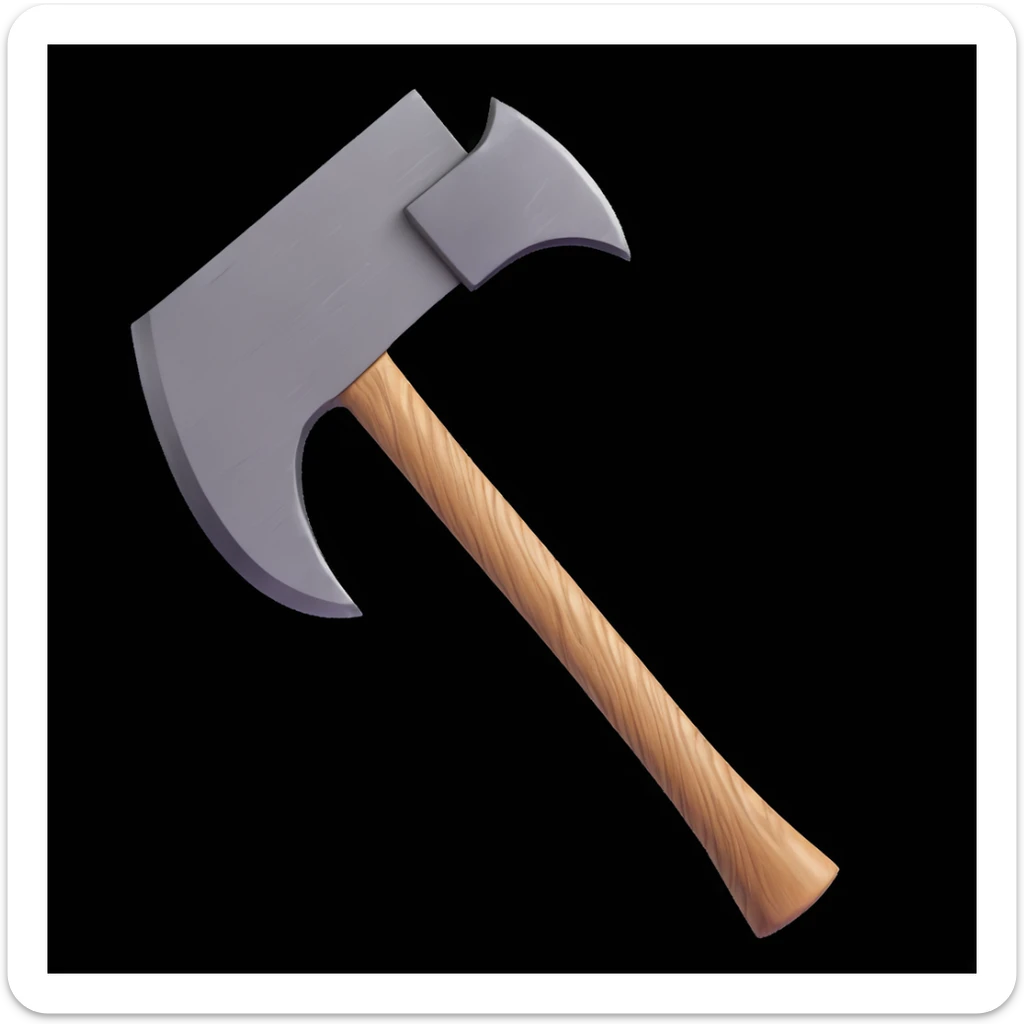 3D emoji style cartoon Stone Age hand axe, with a textured light brown wooden handle, thick rope binding, and a rough gray stone blade. Centered on white, with soft shadows and glossy highlights for a polished emoji effect. sticker