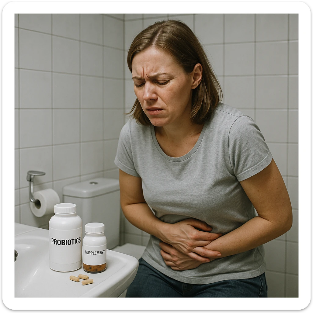 realistic style woman in bathroom with symptoms of intestinal dysbiosis, supplements visible on sink, clinical atmosphere, realistic details sticker