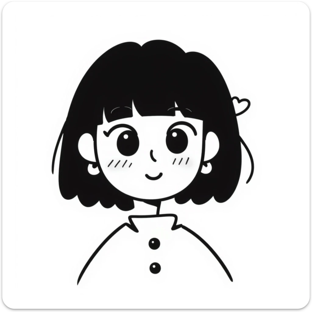 cute girl with blunt bangs, mid-short hair, big eyes, hand-drawn doodle style, heart-shaped accessories, sweet kawaii expression sticker
