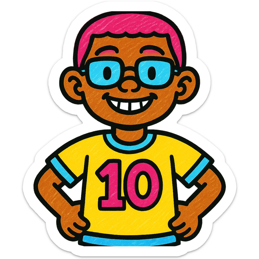 10 year old boy, brown skin, wearing glasses, short hair, colorful and friendly illustration style sticker
