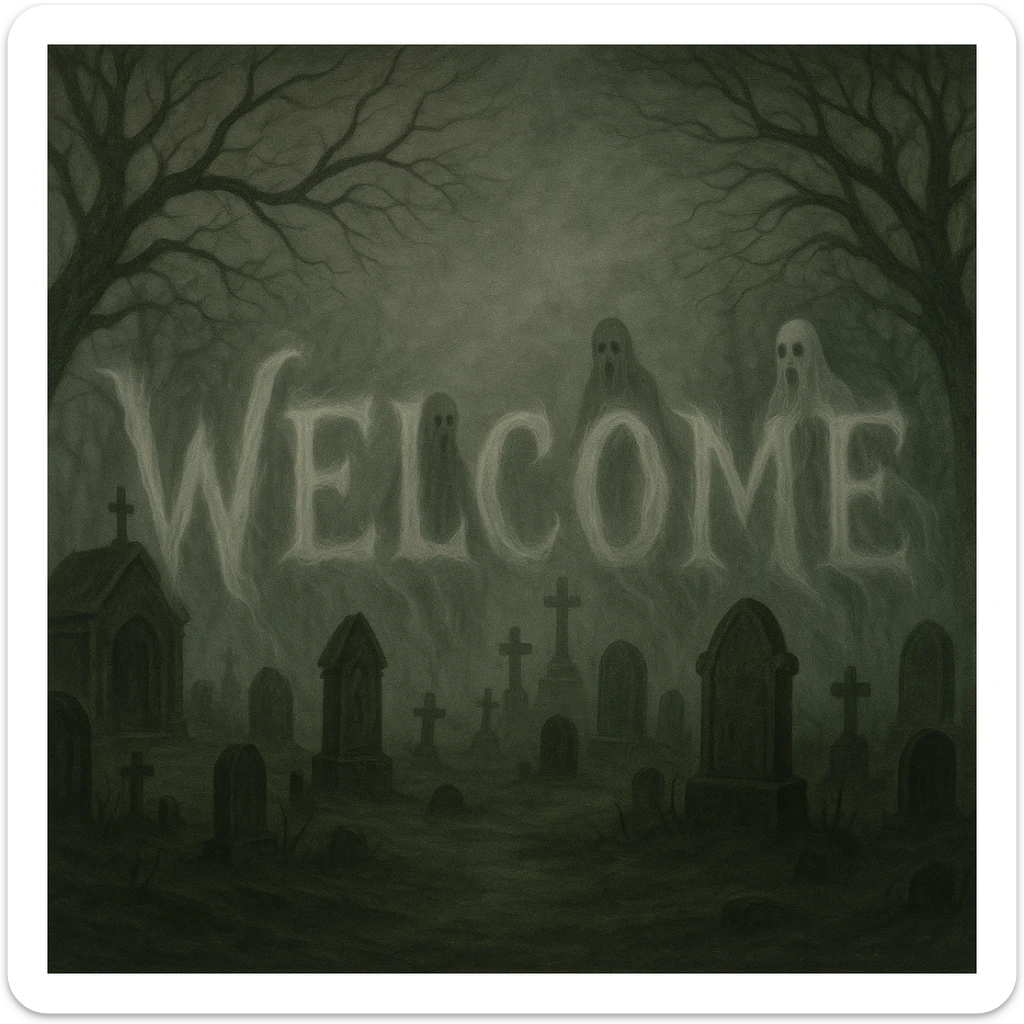 Add the word 'Welcome' in creepy, horror-themed text, integrated into the foggy graveyard banner. The text should appear ghostly and blend with the fog and tombstones, enhancing the horror theme. sticker