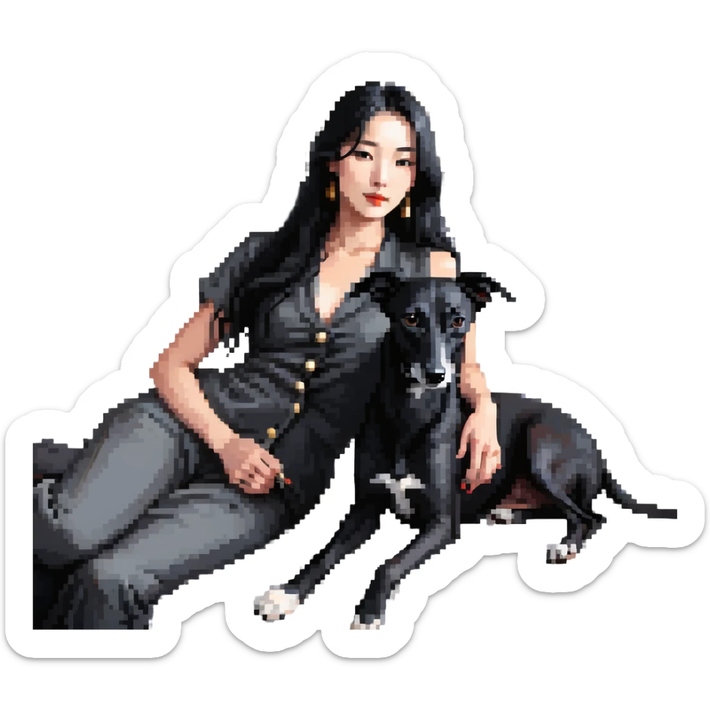 Very thin Chinese woman with long black hair relaxing in a luxurious hotel suite with exactly ONE whippet dog. EXTREME IMPORTANCE: the whippet must be ONE SOLID VERY DARK CHARCOAL GREY COLOR from nose to tail with ABSOLUTELY NO WHITE MARKINGS anywhere - NO white on face, NO white on muzzle, NO white on chest, NO white on paws, NO white on tail - NOTHING BUT A SINGLE SHADE OF VERY DARK GREY throughout the entire animal sticker