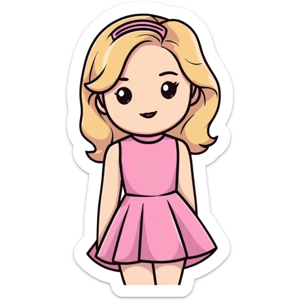 Sabrina Carpenter blonde singer in her Short n' Sweet era, pink dress and glamorous sticker