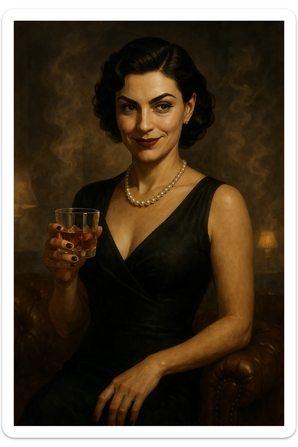 mafia boss, female, elegant dress, pearl necklace, sly smile, holding a glass of whiskey, smoky lounge background sticker