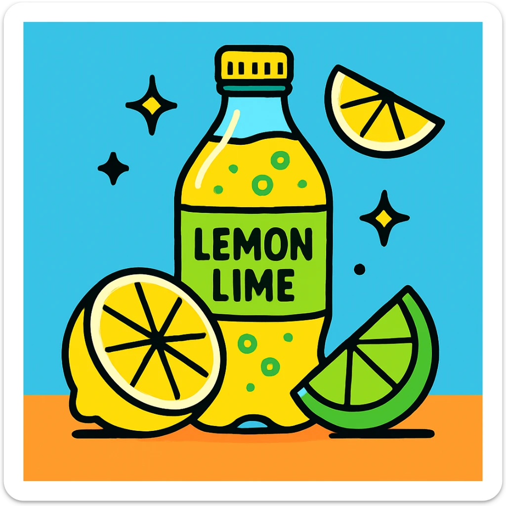 clean, vibrant color cartoon illustration of a bottle of lemon-lime soda with lemon and lime wedges, TikTok-inspired, minimal, bold, and modern sticker