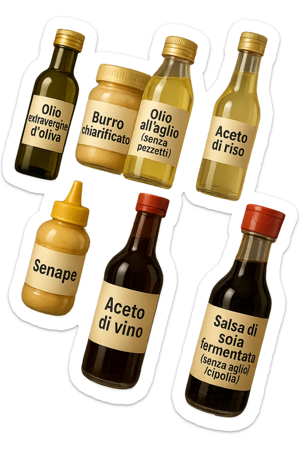 emoji stile iphone 3d di questi elementi che fluttuano in aria sparsi casualmente:

Olio extravergine d’oliva, burro chiarificato
Olio all’aglio (senza pezzetti)
Aceto di vino, aceto di riso, senape, tahin
Salsa di soia fermentata (senza aglio/cipolla)


 che fluttuano sparse casualmente in aria, le etichette dei prodotti scrivile in italiano, iperealistico 4k sticker