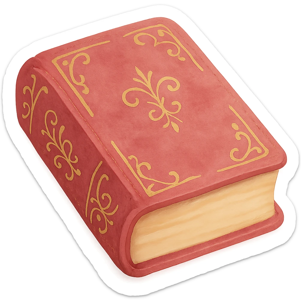 Add gold filigree details on the cover and spine of the deeper pink antique closed book, maintaining the dreamy painterly watercolor style with visible brushstrokes. Preserve the transparent background. sticker