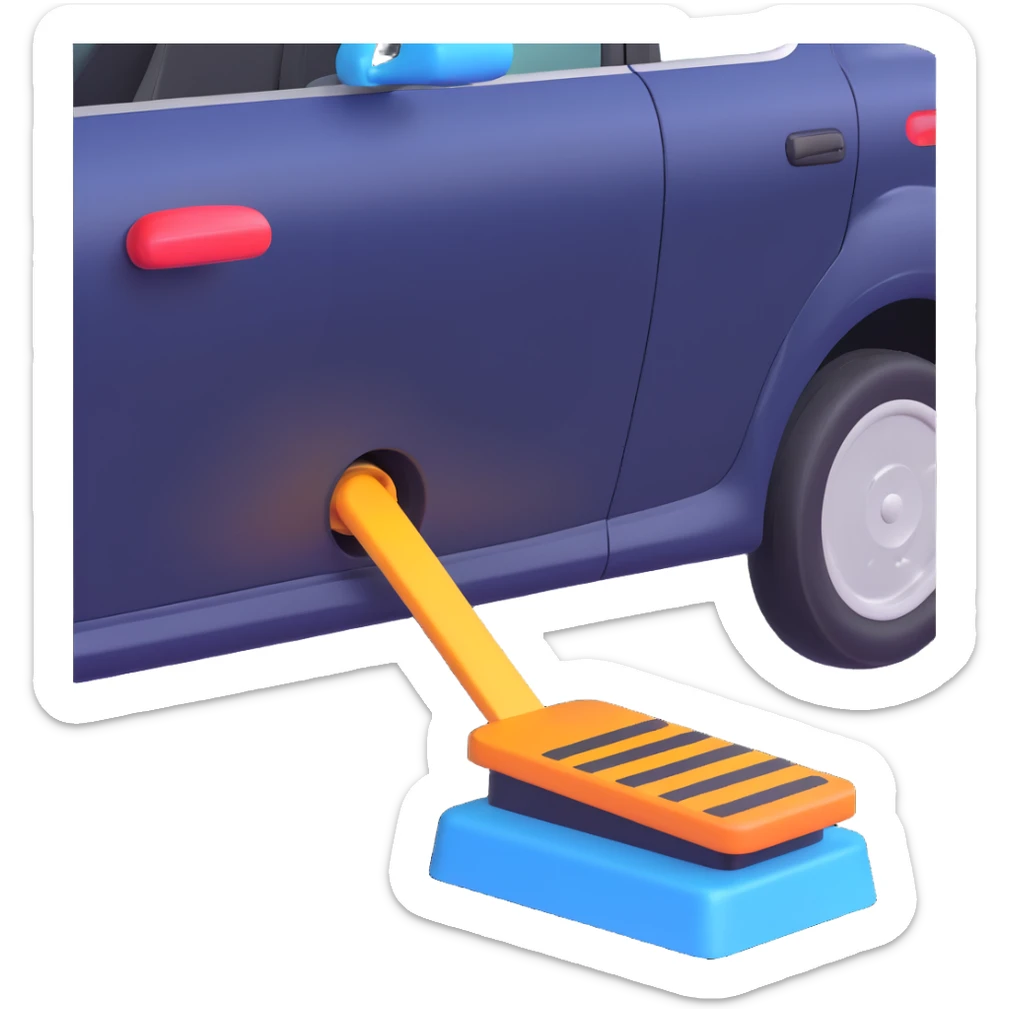 A simple 2D emoji-style illustration of a right foot pressing down on a car gas pedal. The pedal is labeled with “GO” and motion lines show acceleration. Bright, clean cartoon style with clear shapes and bold colors. sticker