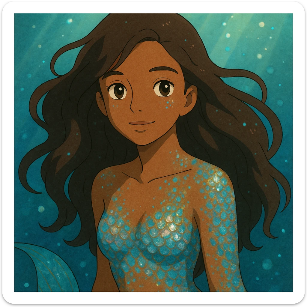 close-up of a mermaid with brown skin, sparkling iridescent scales, dreamy underwater background, ghibli style sticker