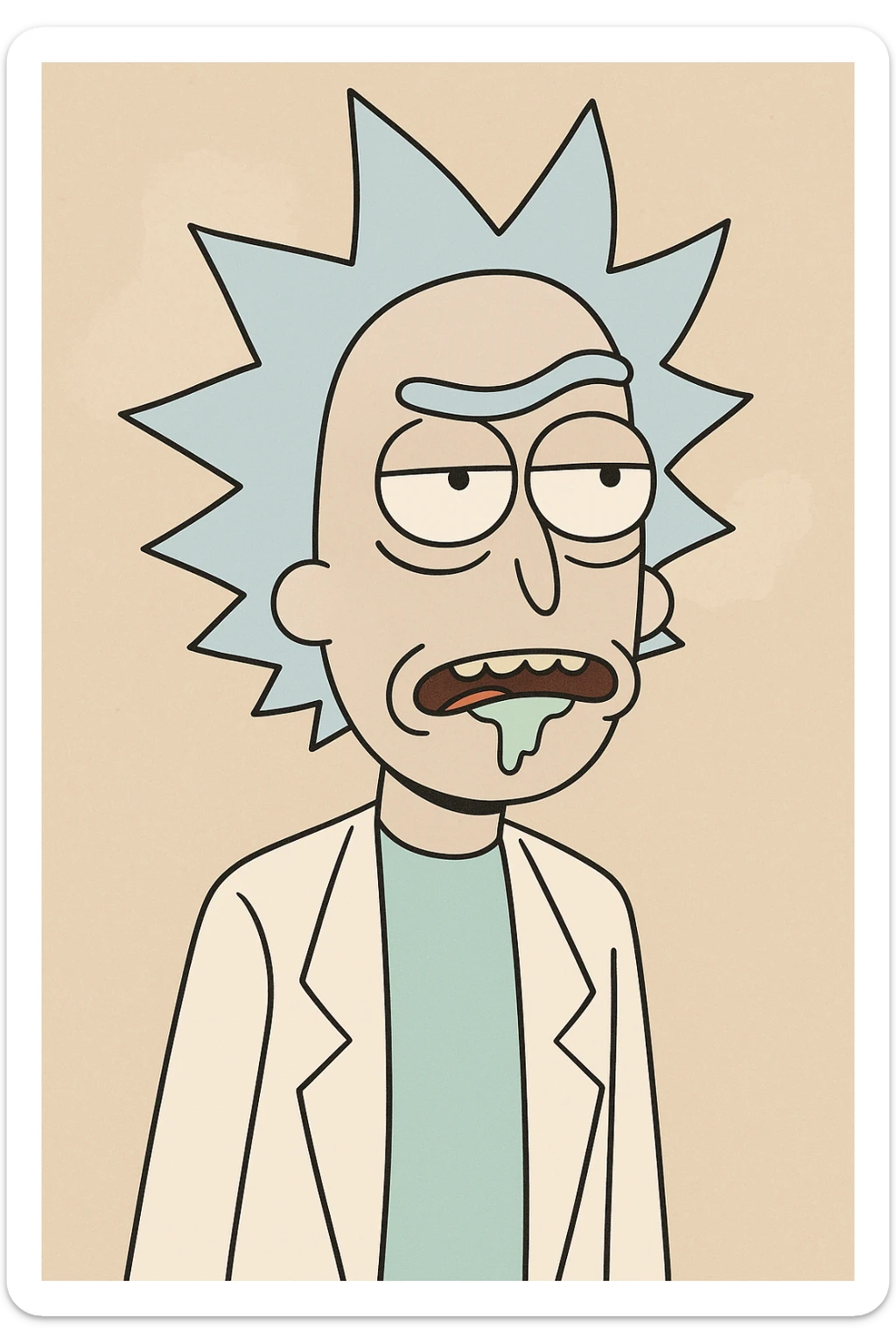 Rick Sanchez from Rick and Morty, spiky blue hair, lab coat, drooling, cartoon style sticker