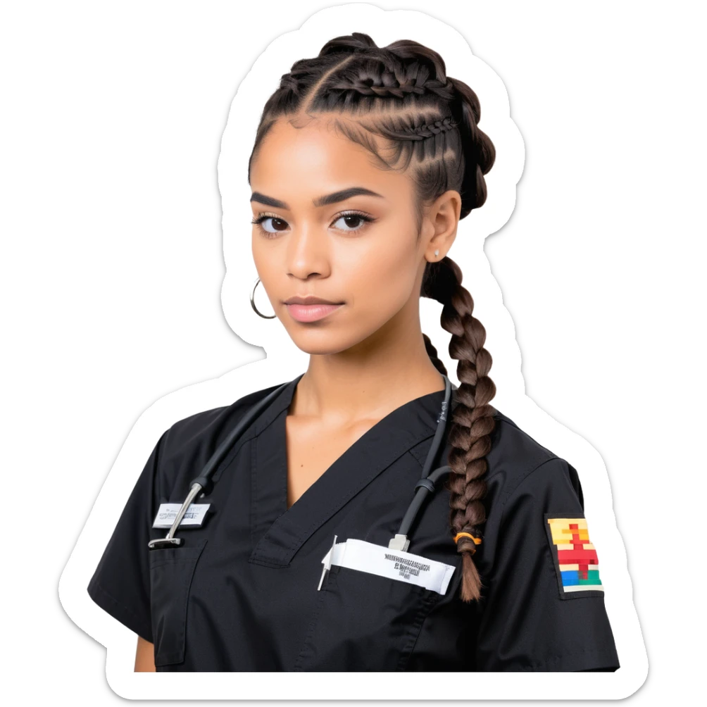 A 40-year-old Latina woman with light brown skin, working as a car mechanic, wearing all black mechanic scrubs, with two braids pulled back from her head sticker