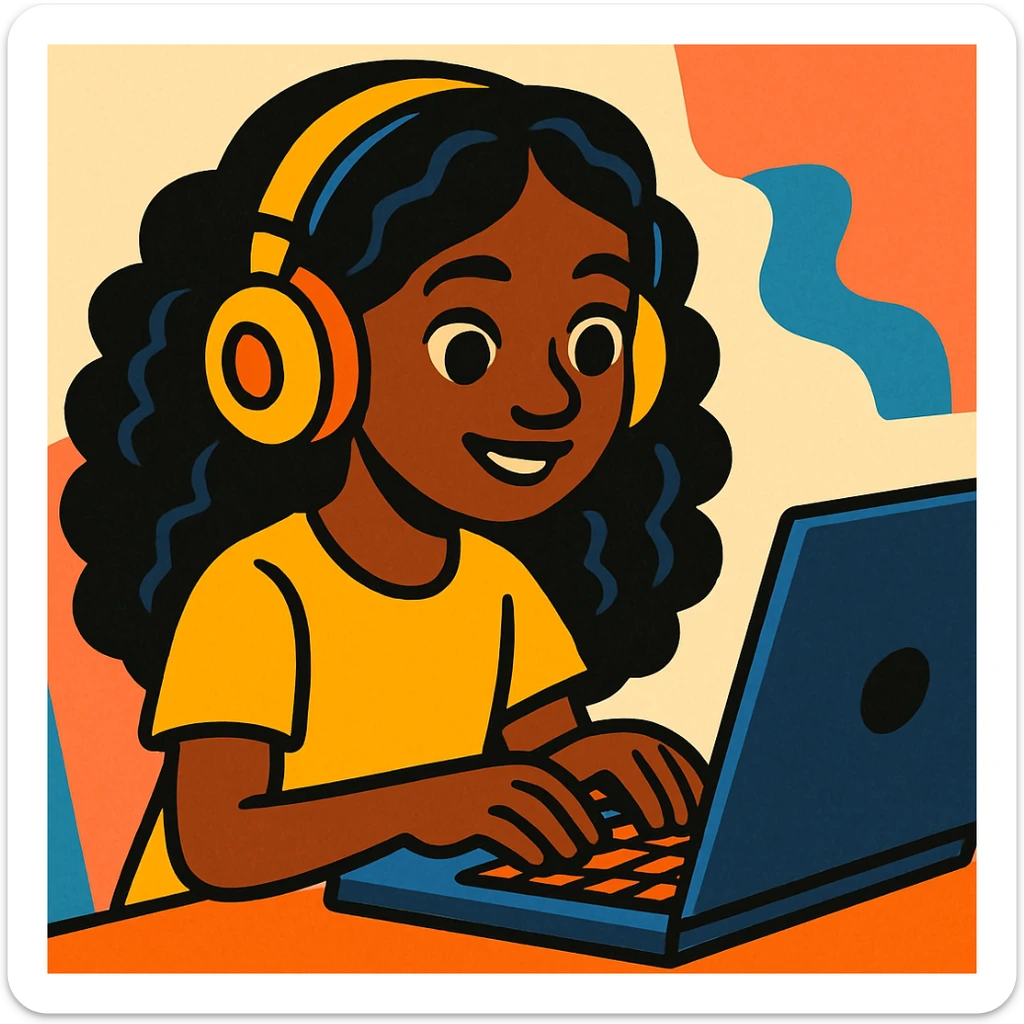 dark skin African American girl with long curly black hair, yellow shirt, headphones, typing at a laptop, vibrant cartoon style sticker