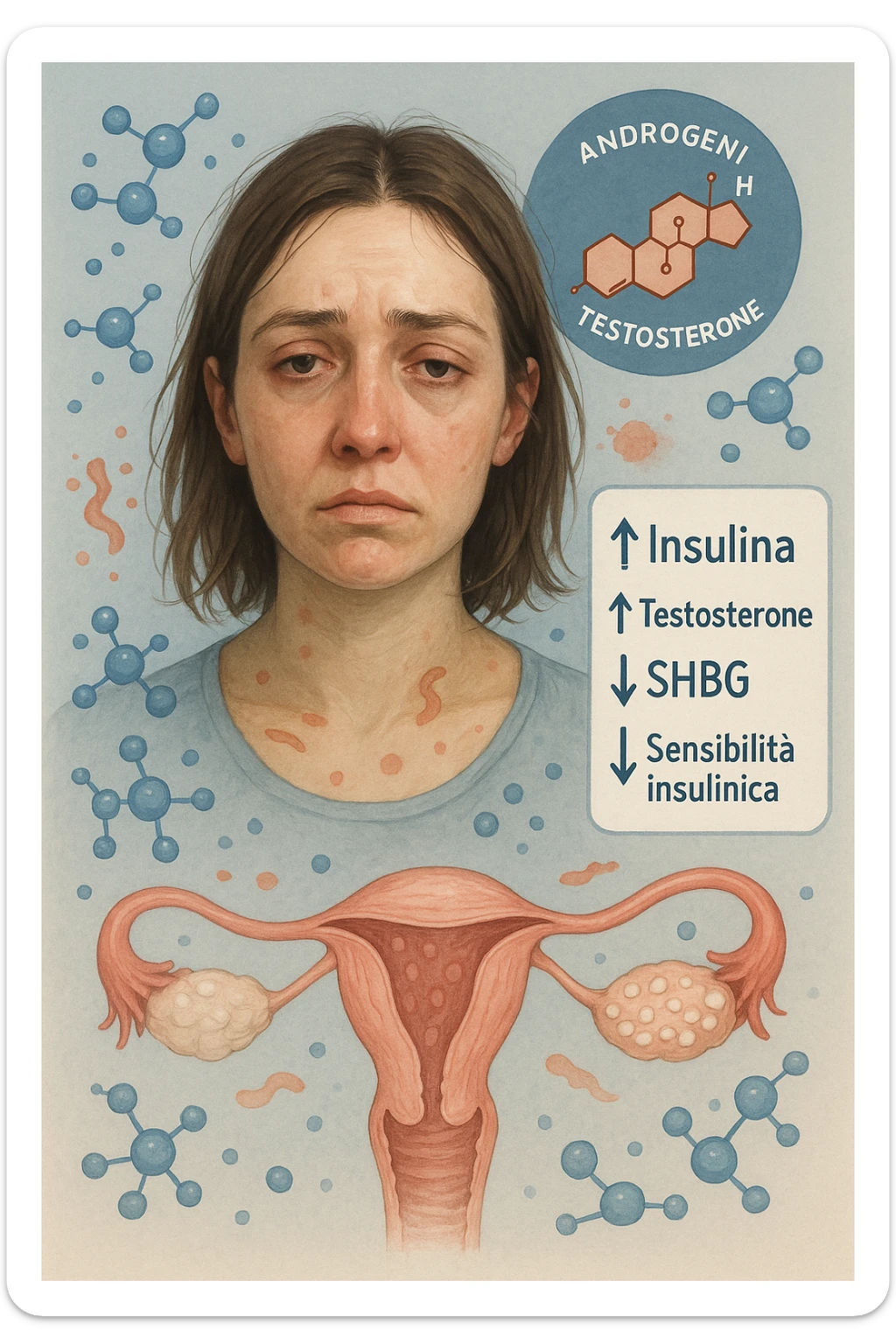 Donna tra i 25 e i 35 anni in primo piano, con espressione affaticata. Intorno al suo corpo appaiono in modo stilizzato e simbolico squilibri ormonali: molecole di insulina in eccesso fluttuano attorno, androgeni (testosterone) evidenziati sopra la testa, segnali visivi di infiammazione cronica lieve. Sopra le ovaie (visibili in trasparenza) compaiono piccole cisti multiple. Accanto a lei, un diagramma stilizzato mostra: '↑ Insulina', '↑ Testosterone', '↓ SHBG', '↓ Sensibilità insulinica'. L’atmosfera è scientifica, educativa ma empatica. Stile realistico con elementi infografici fluttuanti e colori freddi ma puliti. sticker