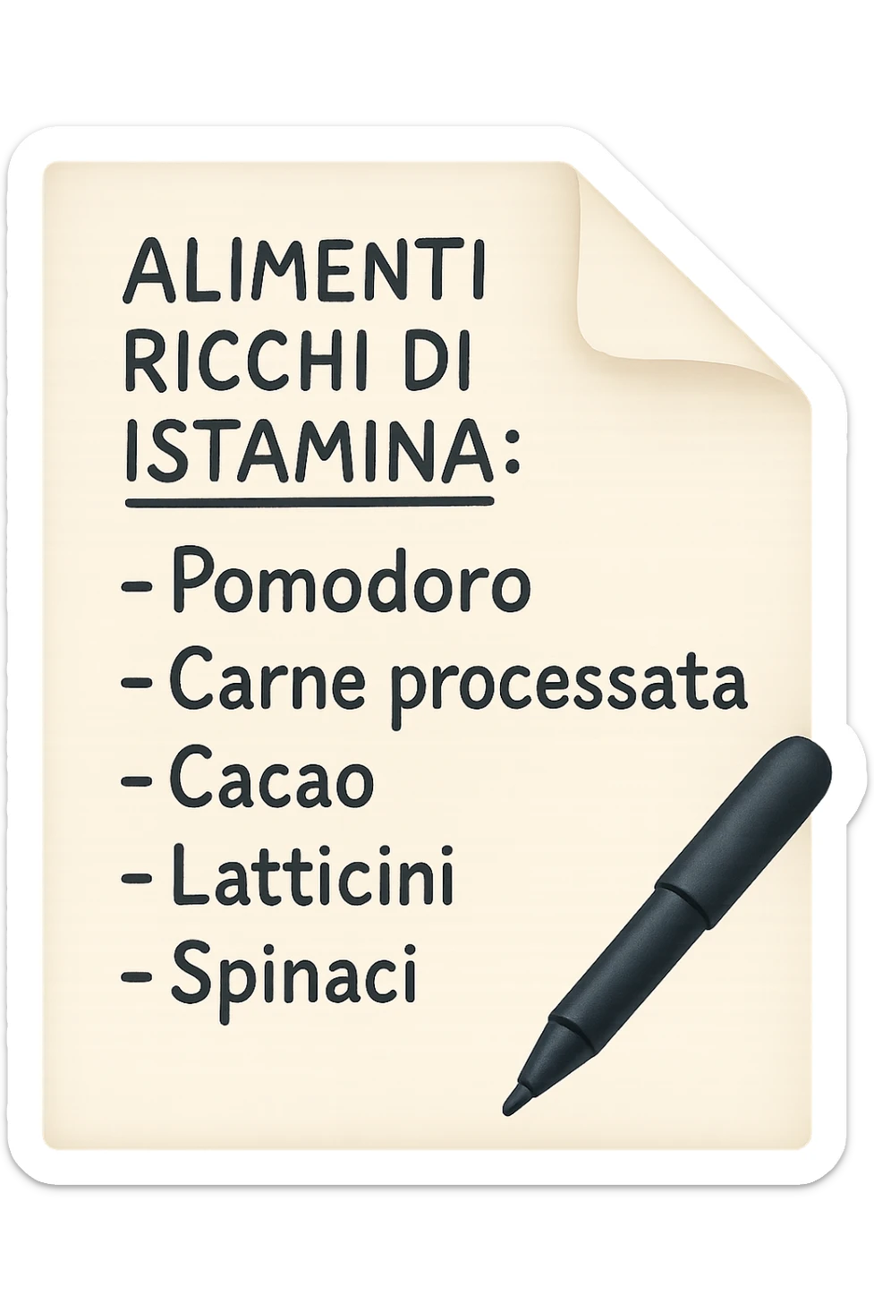 emoji di un foglio di carta con lista di alimenti ricchi di istamina scritti a penna:
ALIMENTI RICCHI DI ISTAMINA:
- Pomodoro
- Carne processata
- Cacao
- Latticini
- Spinaci sticker