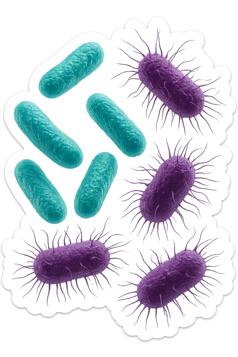 5 BATTERI BUONI E 5 BATTERI CATTIVI FLUTTUANO IN ARIA, I BATTERI BUONI FALLI TURCHESI, I BATTERI CATTIVI FALLI VIOLA, IPERREALISTICO 4K, NON DISEGNATO sticker