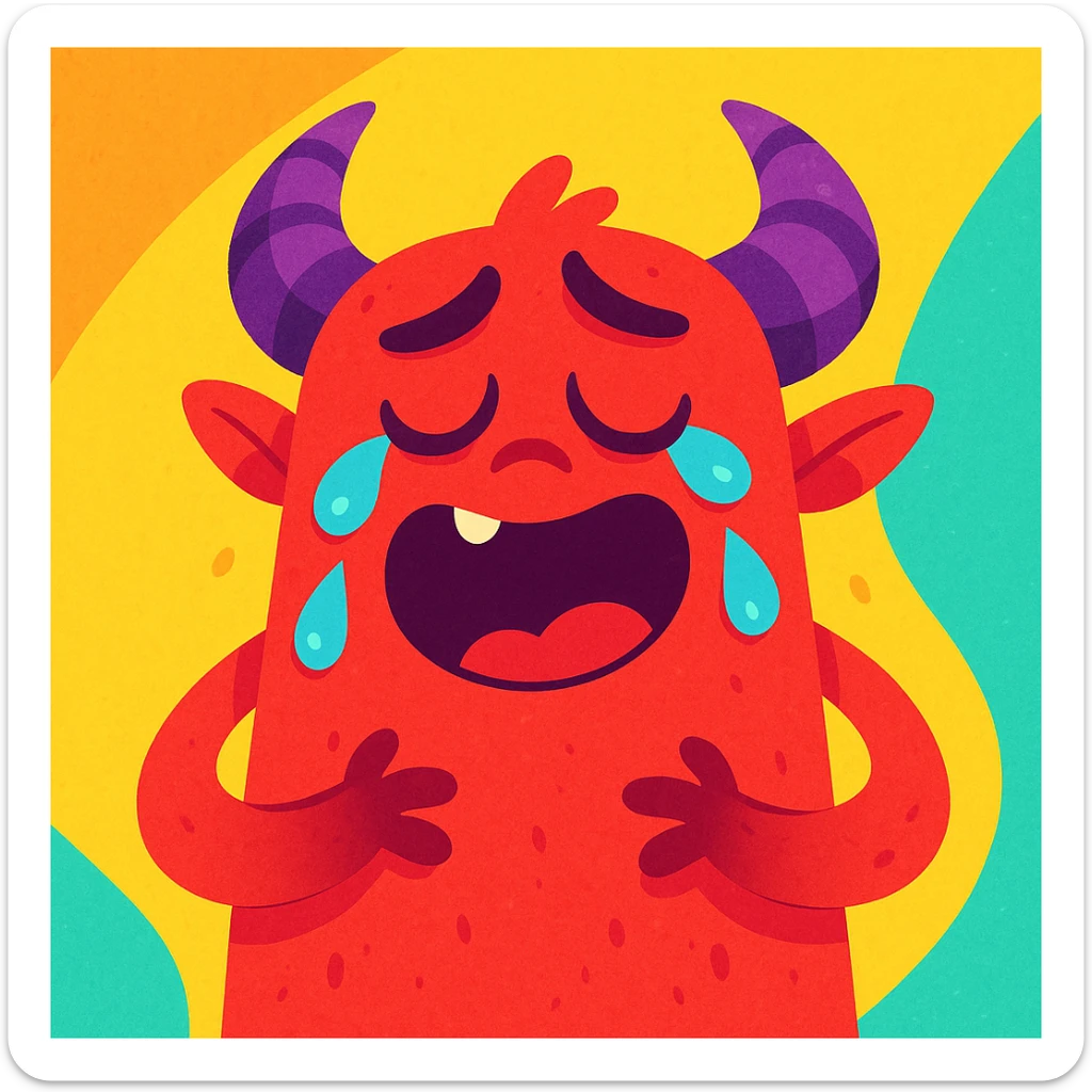 a sad but happy red monster with purple horns, fun and expressive style, vibrant toon illustration sticker