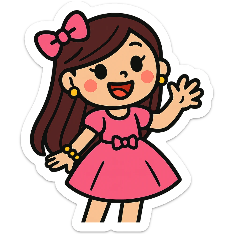 girly girl wearing a pink dress with long hair, cheerful expression, cute accessories, vibrant toon style sticker