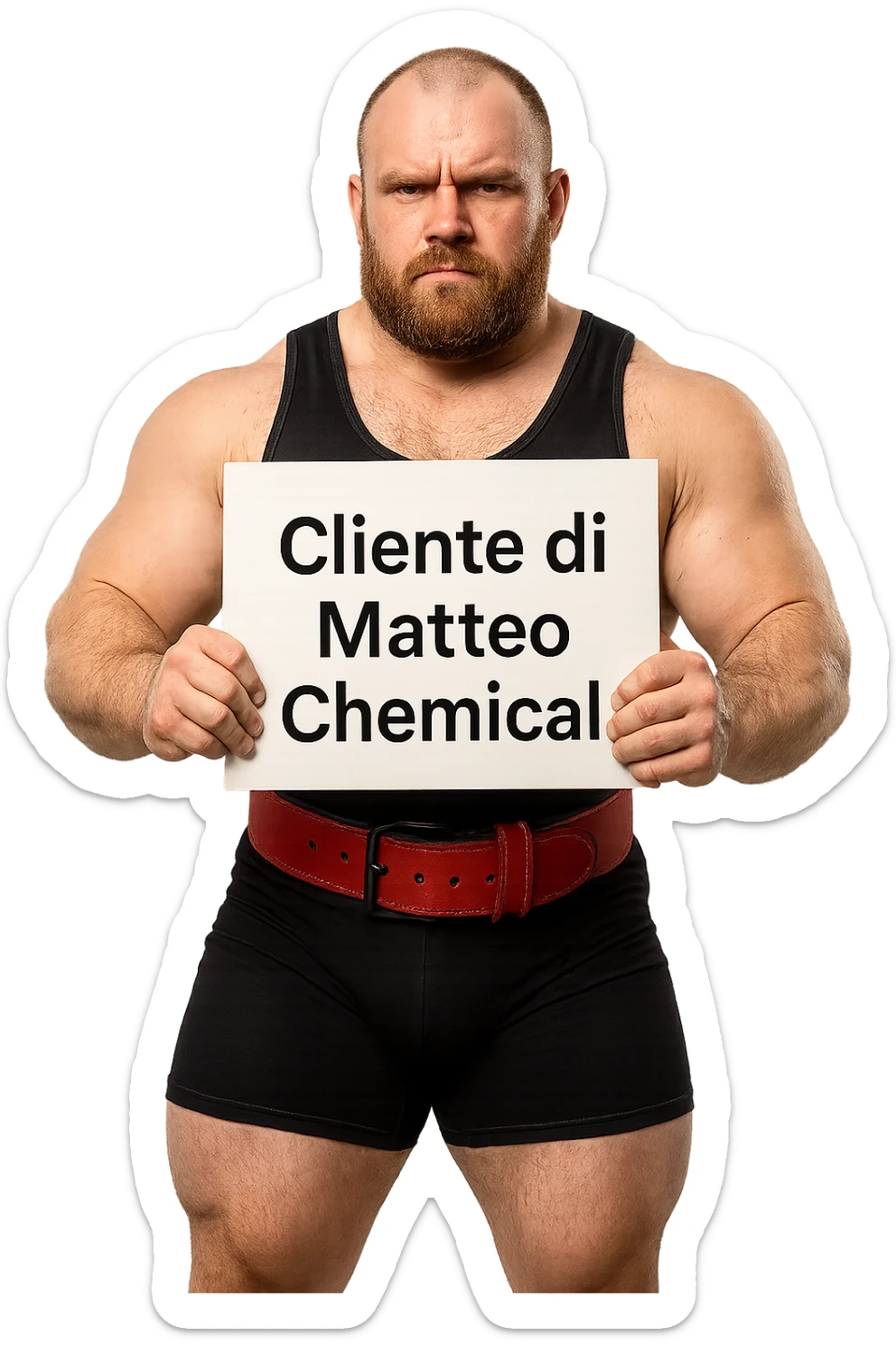 Powerlifter con in mano una targa o un foglio con scritto "Cliente di Matteo Chemical" sticker