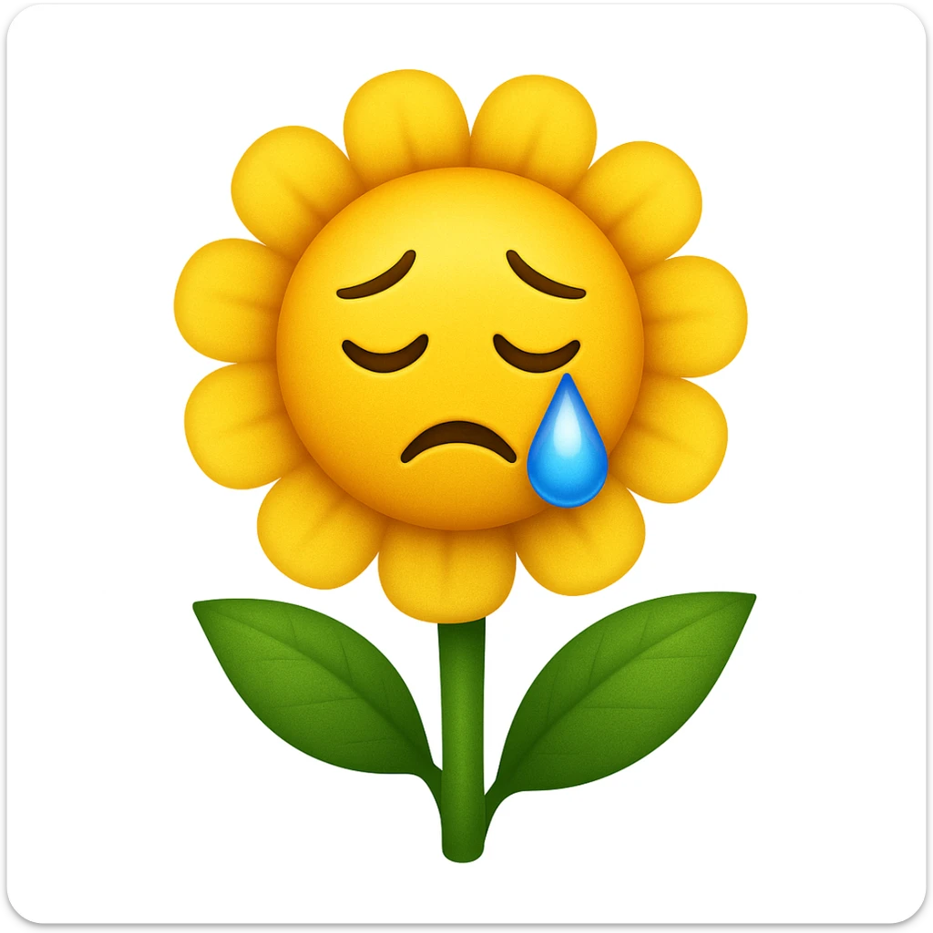 Make the sad flower with a teardrop in the style of apple style emojis sticker