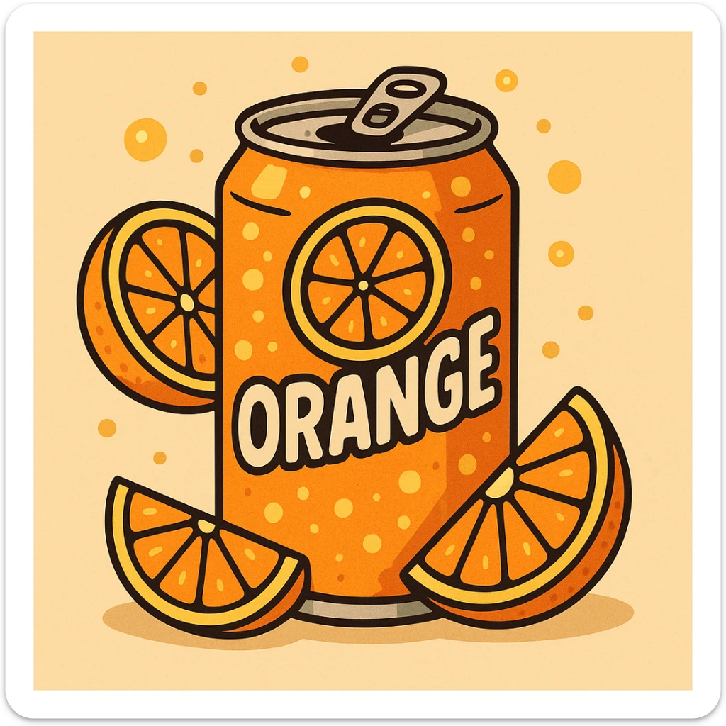 cartoon style illustration of a can of orange soda, bright and fizzy, with orange slices sticker
