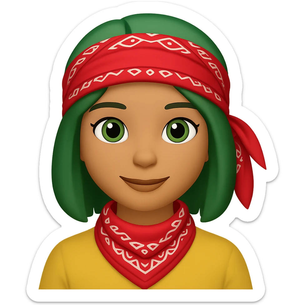 Create an image of a woman with a bandana and green hair in the style of Apple emojis, with no background. The style should mimic the look of Apple emojis. sticker