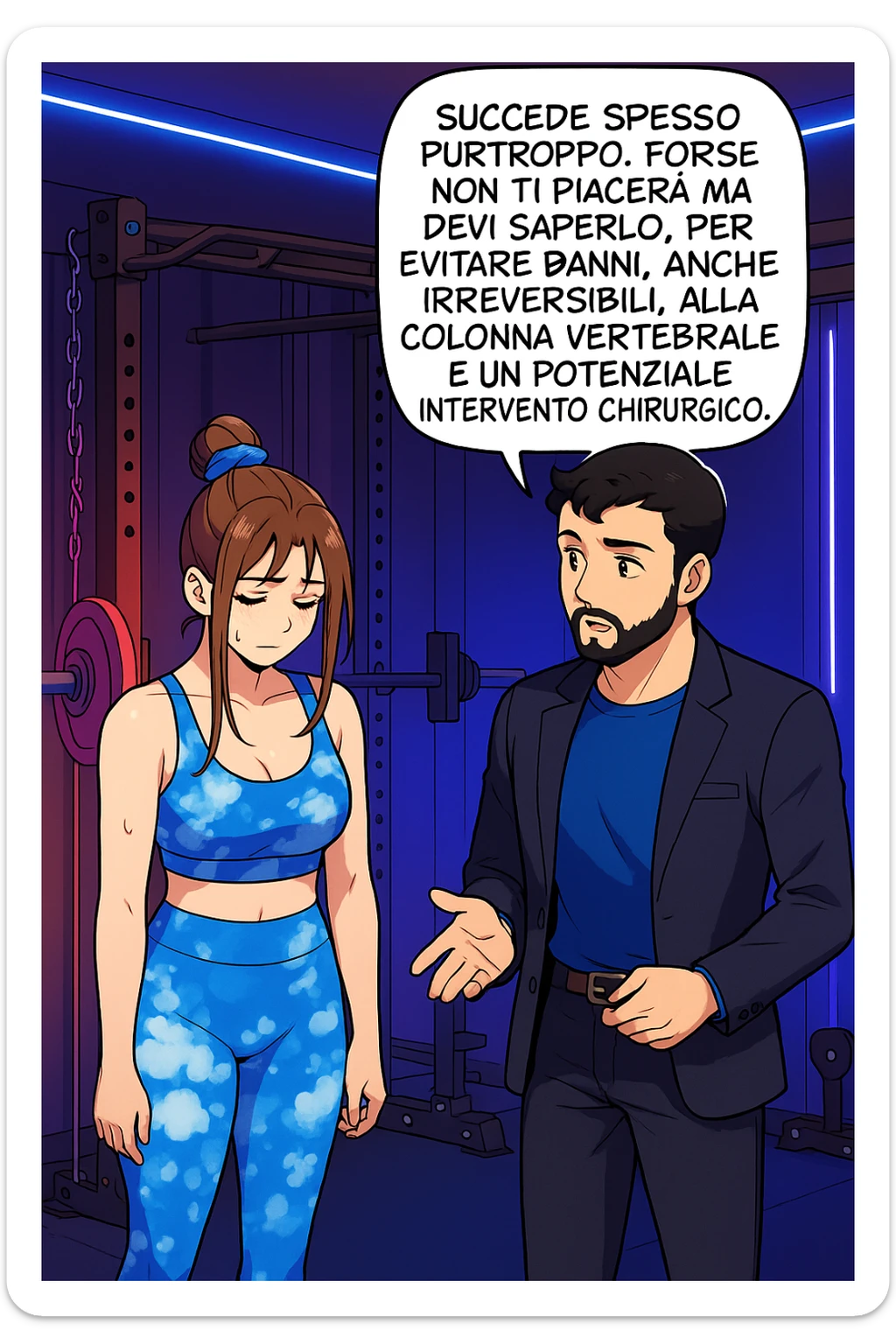 fai questa immagine in versione fumetto/manga/webtoon a colori, il manga mostra l'uomo che risponde alla donne:
Succede spesso purtroppo. 
Forse non ti piacerà ma devi saperlo, per evitare danni, anche irreversibili, alla colonna vertebrale e un potenziale intervento chirurgico. sticker