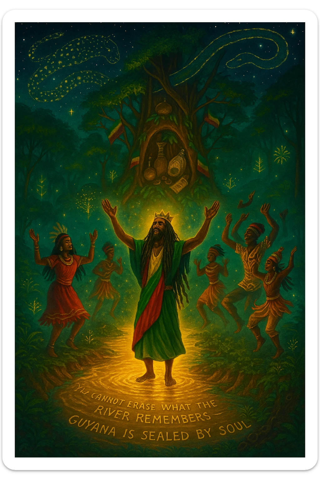 A vivid, spiritual illustration of Guyana reborn as a land of divine rhythm, ancestral return, and natural royalty. In the heart of the image flows the mighty Essequibo River, glowing with golden energy — a symbol of memory, healing, and spiritual current. Surrounding the river are lush, enchanted rainforests pulsing with hidden drums, glowing symbols, and jungle spirits made of light.

At the center, a crowned I-tal figure (part Rasta, part ancestral guardian) stands barefoot in the river, arms raised, channeling the rhythm of the land into the sky. Around them: a ring of spirit dancers echoing maroon heritage, Amerindian wisdom, and African soulfire — dressed in ceremonial garb, dancing in sync with the heartbeat of the earth.

Above, the stars form the shape of a jaguar and a giant serpent intertwined — the twin protectors of Guyana. Behind them, a mighty temple-tree rises from the jungle canopy, its branches holding sacred items: a calabash, a broken colonial chain, a conch shell, and a scroll titled “Undivided.”

Sacred text etched into the riverbank reads: “You cannot erase what the river remembers — Guyana is sealed by soul.”

The colors should reflect spiritual awakening: deep emerald, fire-gold, sunrise orange, and night-sky indigo. Mist, ancestral drums, and glowing Rasta flags should blend into the atmosphere — making this a vision of both resistance and rebirth. sticker